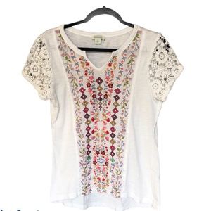 Sundance White Embroidered Crochet Sleeve Tee, Small